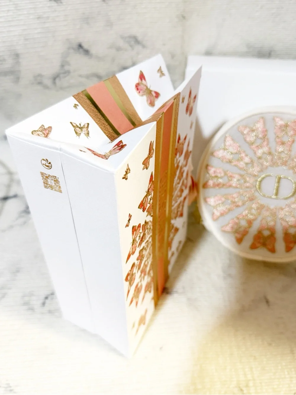 Dior Beauty Pink and Gold Butterfly Embroidered Round Pouch w/ Matching Gift Bag